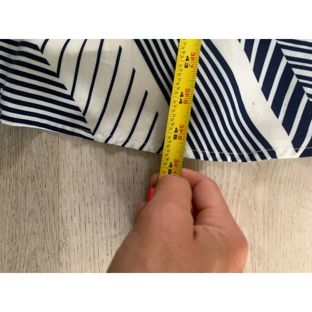 Yumi Kim Navy White Geometric Stripe Tie Front Midi Dress XS Pocket Smocked Back - Picture 2 of 13